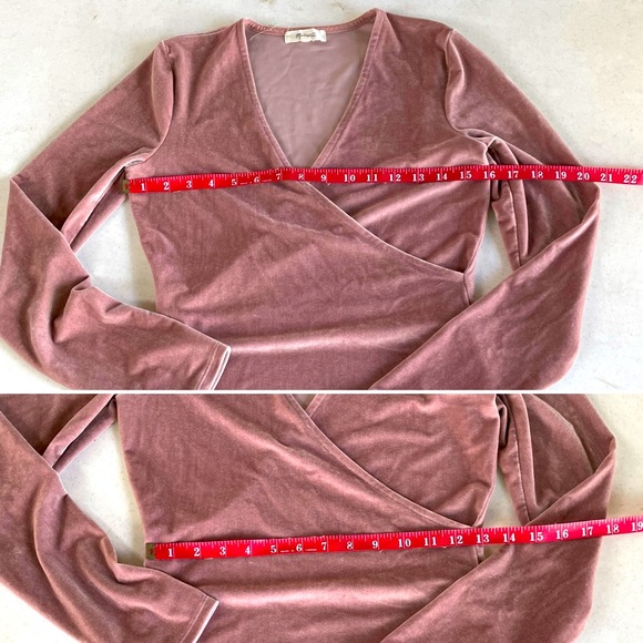 Madewell • Velvet Faux Wrap Bodysuit In Blush Pink Peach long Sleeve V-neck Snap - Picture 13 of 15